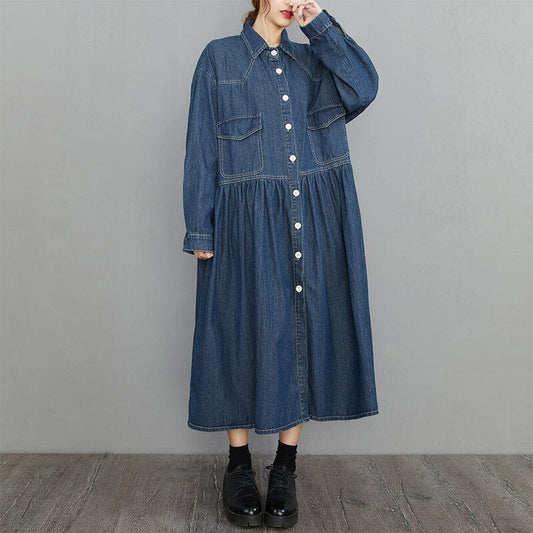 Autumn Minimalist Loose Casual Denim Dress Aug 2023 New Arrival L Navy 