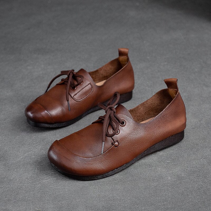 Autumn Retro Soft Leather Flat Casual Shoes Jul 2023 New Arrival Brown 35 