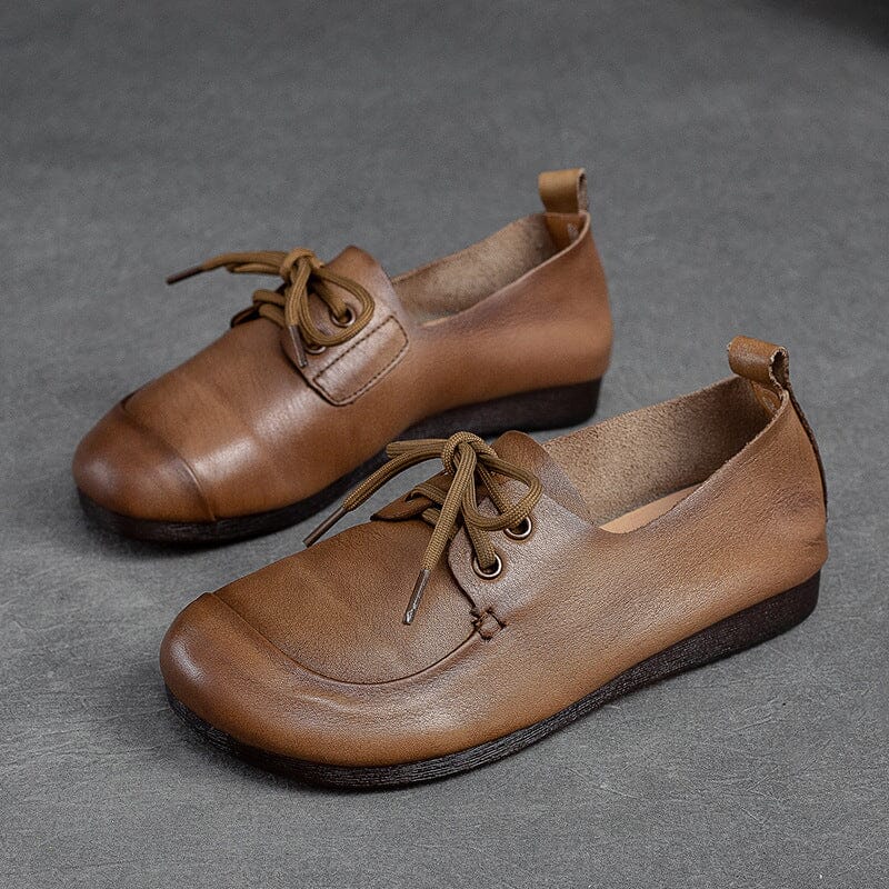 Autumn Retro Soft Leather Flat Casual Shoes Jul 2023 New Arrival Khaki 35 